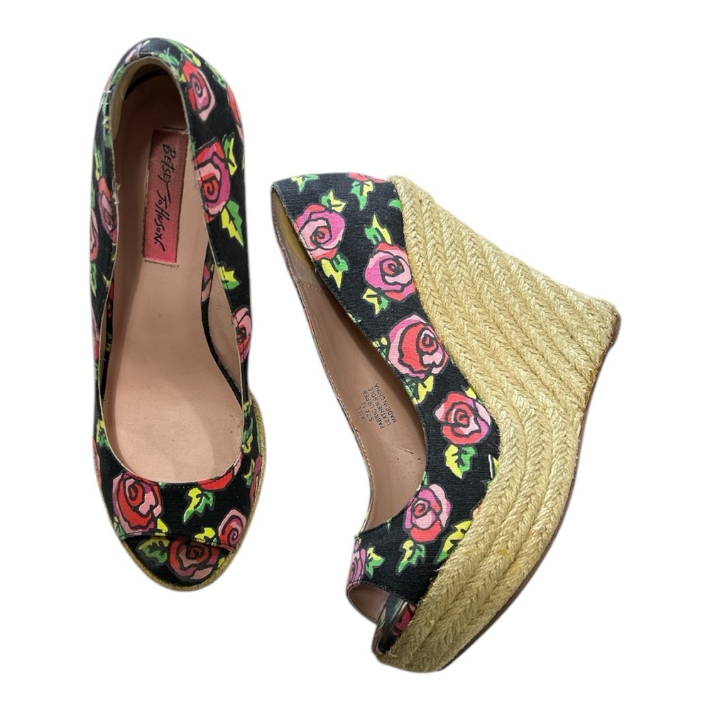 Betsey Johnson Rose Floral Platform Espadrille Wedge Peep Toe Y2K Retro Sz  10 - Picture 13 of 13